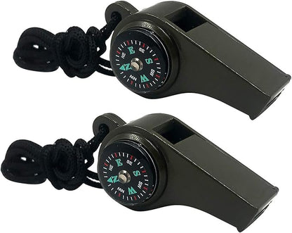 2 Pack Emergency Survival Whistle, 3-in-1 Emergency Whistles with Compass and Thermometer, Loud Safety Whistle with Lanyard for Outdoor Hiking