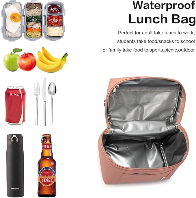 NOL Natural Organic Lifestyle Insulated Lunch Bags for Women Cooler Bag Lightweight Nylon Waterproof Lunch Box For Work (Dark Pink, Medium(normal))