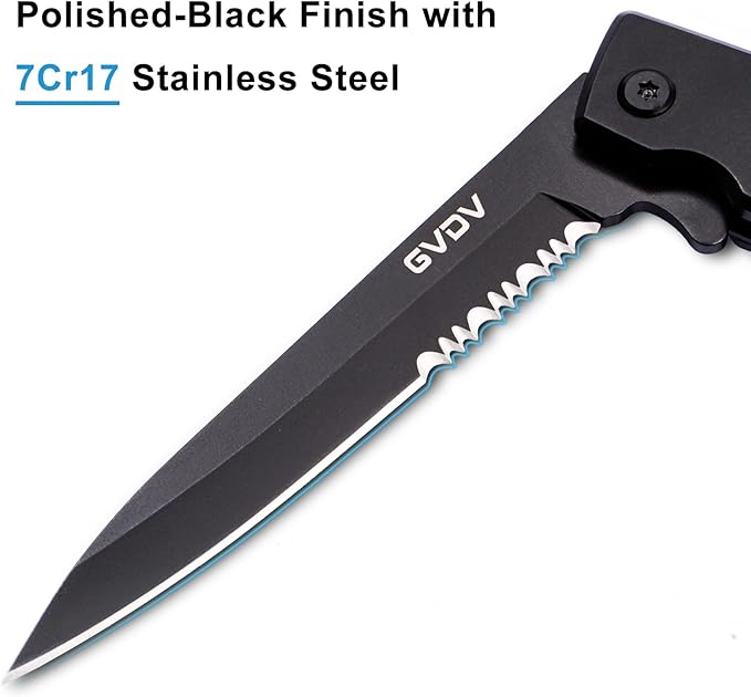 GVDV Folding Pocket Knife with G10 Handle, 7CR17 Stainless Steel EDC Knife with Safety Liner Lock, Hunting Camping Hiking Fishing Knife, Father's Day Gifts for Men Dad, Serrated