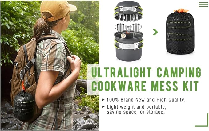 G4Free Camping Cookware Mess Kit 19 Pieces Hiking Backpacking Picnic Cooking Bowl Non Stick Pot Pan Knife Spoon Set 19PCS (Green)