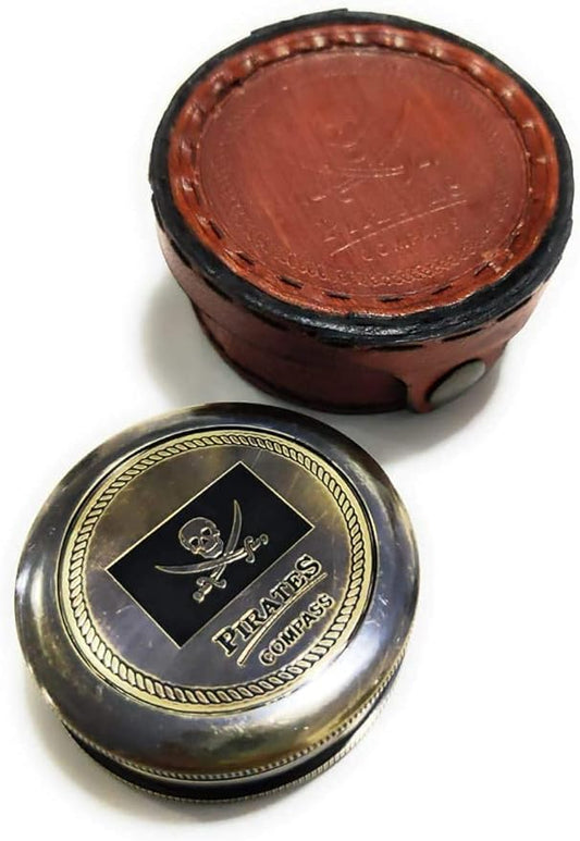 Brass Compass Pirates of Caribbean Jack Sparrow Pocket Antique Gift Free Embossed Leather Case Personalized Compass Engraved, Gift for Baptism, Confirmation, Graduation, Anniversary