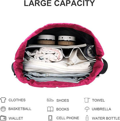 Drawstring Backpack Sports Gym Sackpack with Side Mesh Pockets Shoe Compartment Water Resistant String Bag for Women Men (Rose Red)
