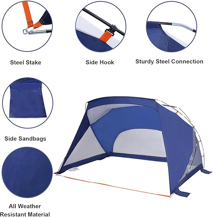 Beach Tent, 3/4 Person Sun Shelter Beach Shade Tent with UPF 50+ Protection, Portable Lightweight and Easy Setup Beach Canopy Baby Beach Tent for Camping, Hiking, Fishing, Backyard, Picnics- Navy Blue