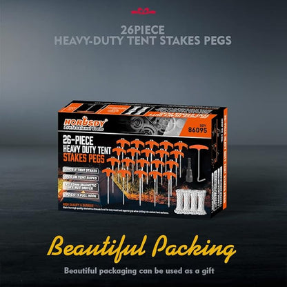 HORUSDY 26 Pack Heavy Duty Tent Stakes Tent Pegs Camping Stakes with with 4x13ft Rope & 1 Stopper T Pull Hook