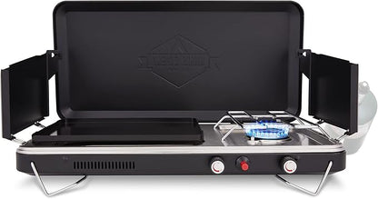 Hike Crew 2-in-1 Gas Camping Stove | Portable Propane Grill/Stove Burner w/Integrated Igniter & Stainless Steel Drip Tray | Built-in Carrying Handle, Foldable Legs & Wind Panels | Includes Regulator