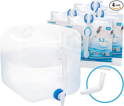 Collapsible Water Storage Container Jug, 4 Packs 5.3 Gallon BPA Free Water Carrier with Spigot, for Camping Hiking Backpack Outdoors and Emergency, Foldable Portable Survival Kits