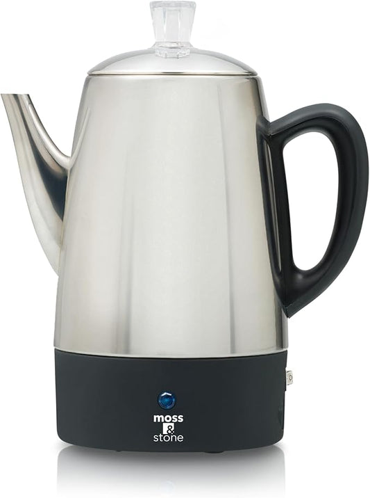 Moss & Stone Percolator Coffee Pot Electric 10 Cup, Stainless Steel Coffee Maker, Coffee Percolator Electric With Keep Warm Function, 10 Cups Stainless Steel Percolator With Coffee Basket