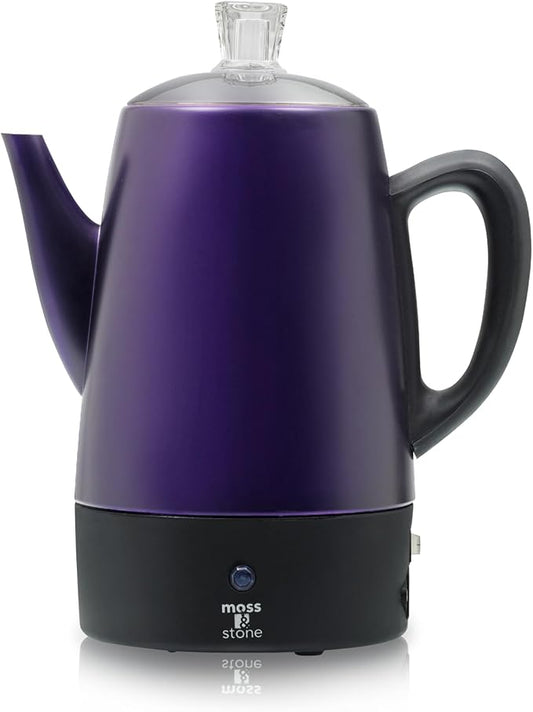 Moss & Stone Percolator Coffee Pot Electric 10 Cup, Stainless Steel Purple Coffee Maker, Coffee Percolator Electric With Keep Warm Function, 10 Cups Stainless Steel Percolator With Coffee Basket