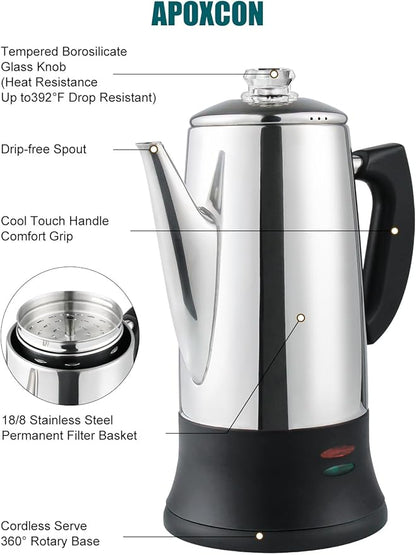 Electric Coffee Percolator Stainless Steel Coffee Maker with Two Heat Resistant Tough Glass Clear Brew Progress Knob Classic Look Keep Warm & Cordless Serving Coffee Pot 12 Cup