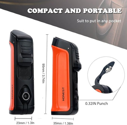 HONEST Triple Jet Torch Lighter Built-in Punch Visible Gas Window Refillable Gas Adjustable Flame Intensity Pocket Lighter Gift for Men BBQ Kitchen Fireplace Candle (Hermes Orange)