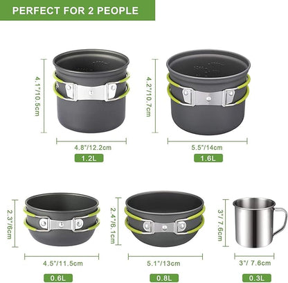 G4Free Camping Cookware Mess Kit 19 Pieces Hiking Backpacking Picnic Cooking Bowl Non Stick Pot Pan Knife Spoon Set 19PCS (Green)