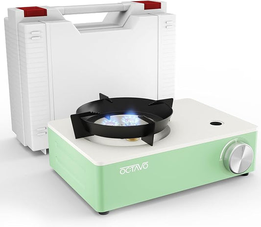OCTAVO 12,000 BTU Butane Countertop Stove with Carrying Case, Jet-like Flame Output Small Portable Camping Stove, Electronic Ignition, Mini Butane Gas Stove for Camping, Picnic, Outdoor