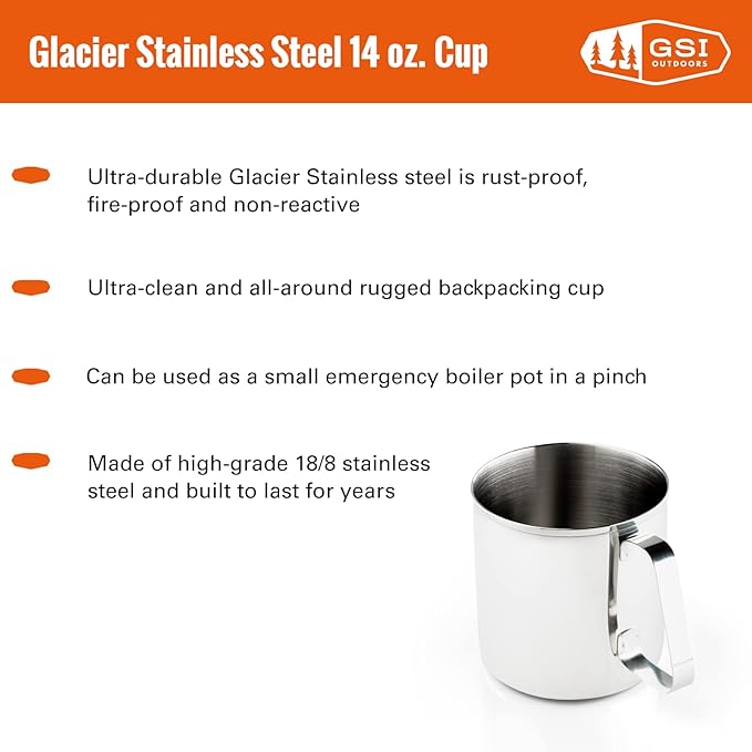 GSI Outdoors Ultra-Durable, Rustproof, Fireproof Glacier Stainless Steel 14 fl. oz. Cup for Backpacking and Camping