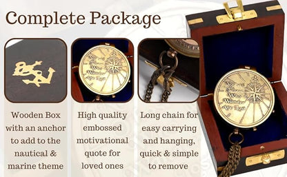 Brass Nautical - Not All Those Who Wander are Lost Brass Gift Embossed Compass with Wooden case, Graduation Day Baptism Communion Confirmation Day Motivational LOTR J.R.R. Tolkien (Wooden Box)