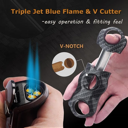 HONEST Triple Jet Torch Lighter Built-in Punch Visible Gas Window Refillable Gas Adjustable Flame Intensity Pocket Lighter Gift for Men BBQ Kitchen Fireplace Candle.Empty Without Gas (Lighter Cutter)