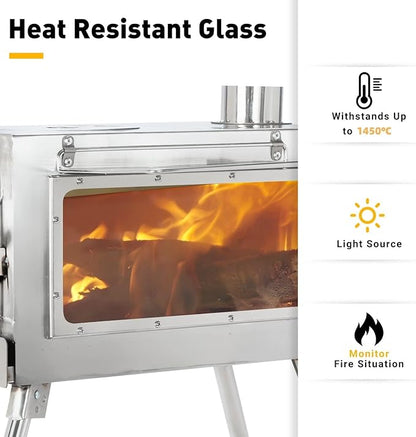 Outdoor Camping Stove Camp Tent Stove, Portable Wood Burning Stove with Chimney Pipe for Tent, Shelter, Camping Heating and Cooking (Pipe Diameter: 2.95")