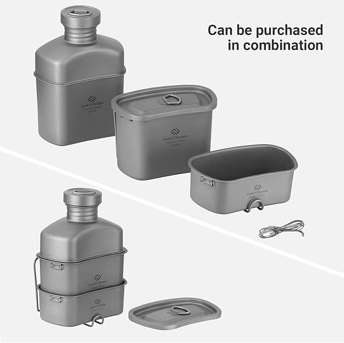 COOK'N'ESCAPE Titanium Camping Cookware Titanium Canteen Mess kit, Camping Canteen with Pot and Pan Set, Portable Lightweight Cookware for Outdoor Hiking Backpacking Picnic