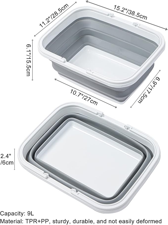 AUTODECO Collapsible Sink 2 Pack with Handle Towel, 2.37 Gal / 9L Foldable Wash Basin for Washing Dishes, Camping, Hiking and Home