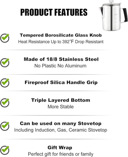 Multi Use 9 Cup Coffee Pot Bundle Coffee Percolator with 2 Mugs Stainless Steel Coffee Maker with Two Heat Resistant Borosilicate Glass Knob Fireproof Silica Handle Using on any Stovetop