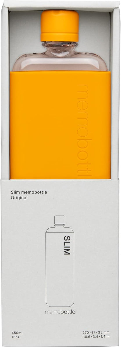 memobottle SLIM (Mandarin) Bundle - 15oz (450ml) - Bottle, silicone sleeve & lid | Sleek, Slim & Flat Water Bottle for Bags & Laptops | BPA Free Tritan | Modern, Minimalist | Ideal for Daily Use