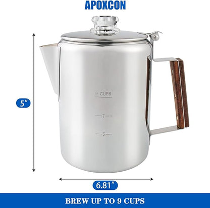 Coffee Percolator Camping Coffee Pot Stainless Steel Coffee Maker with Two Heat Resistant Tough Glass Knob Using on any Stovetop Outdoor Traveling NO Aluminum NO Plastic (9 Cup)