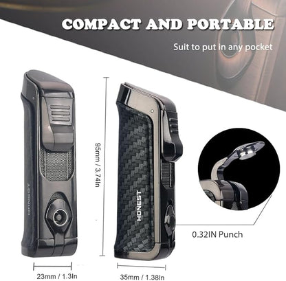 HONEST Triple Jet Torch Lighter Built-in Punch Visible Gas Window Refillable Gas Adjustable Flame Intensity Pocket Lighter Gift for Men BBQ Kitchen Fireplace Candle (Carbon Wrap)
