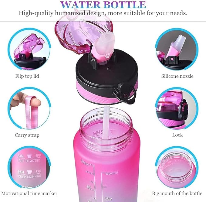 Vita Large Water Bottles | 32oz Motivational Water Bottles with Time Marker | Fitness Sports Water Bottle with Strap & Straw for Office, Gym, Outdoor Sports BPA Free (Pink & Blue)