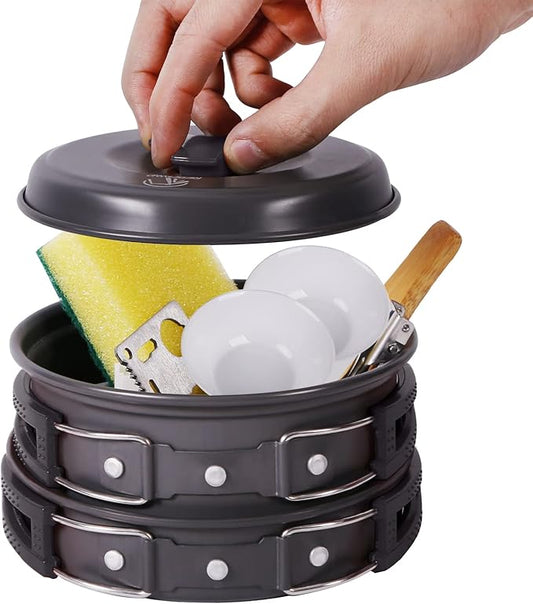 REDCAMP 11/12/17/22 PCS Camping Cookware Mess Kit, 800ml (28oz) Backpacking Camping Pot+Pan Set, Lightweight and Compact Cookware for Hiking, Picnic and Camping