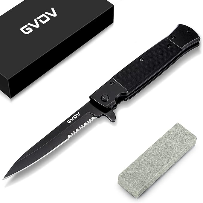 GVDV Folding Pocket Knife with G10 Handle, 7CR17 Stainless Steel EDC Knife with Safety Liner Lock, Hunting Camping Hiking Fishing Knife, Father's Day Gifts for Men Dad, Serrated