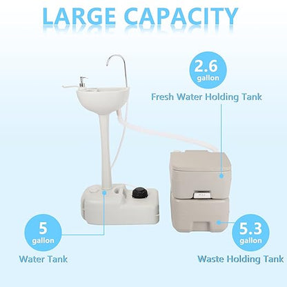 Outvita Portable Sink and Toilet Combo, 5 Gallon Hand Washing Station & 5.3 Gallon Flushing Toilet, Detachable Wastewater Recycled Perfect for Outdoor Camping RV Travel Boat