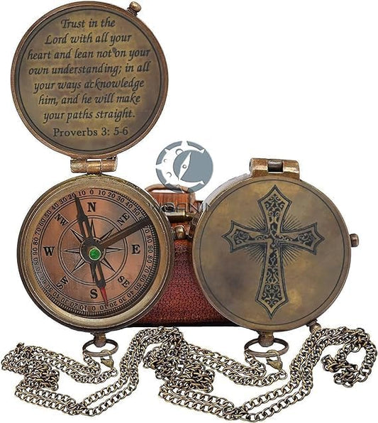 Trust in The Lord with All Your Heart -Proverbs 3: 5-6 Quote Engraved Compass with Leather Box, Compass Gift, 2023 Graduation Day Gifts- Baptism Gifts Compass