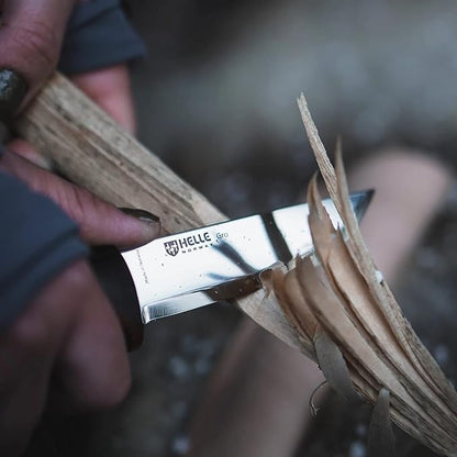 HELLE Knives - Gro- Fixed Blade Knife - Birch Wood Handle - Stick Tang- Camping, Hunting - 12C27 Stainless Steel - Leather Sheath - Made in Norway