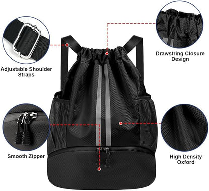 Drawstring Backpack, Waterproof Sports Backpack, Large Sports Gym Bag With Shoe Compartment and Water Bottle Mesh Pockets, for Sports Beach Holidays Swimming Travel (Black)