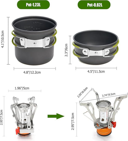 Camping Cookware Set Portable Backpacking Stove Kit, Mini Camp Stove with Non-Stick Lightweight Pots Pans and Stainless Steel Fork Knife Spoon for Outdoor Camping Hiking Cooking Gear