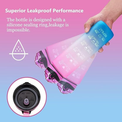 Vita Large Water Bottles | 32oz Motivational Water Bottles with Time Marker | Fitness Sports Water Bottle with Strap & Straw for Office, Gym, Outdoor Sports BPA Free (Pink & Blue)