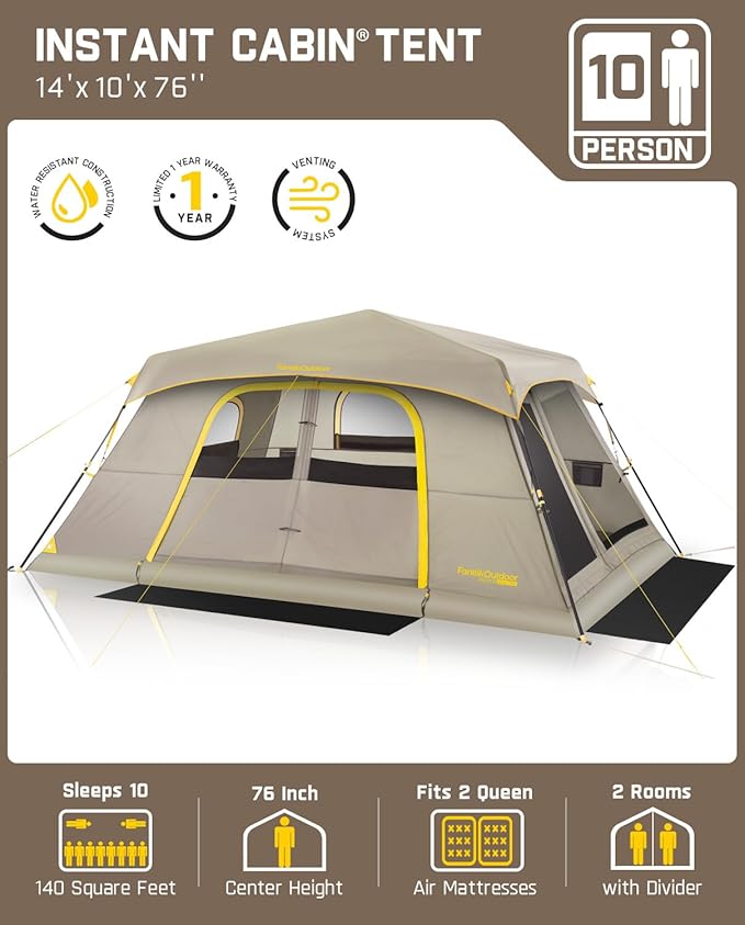 FanttikOutdoor Camping Tent, Lightweight 8/10 Person Instant Cabin Tent Setup in 60 Seconds with Rainfly & Windproof, Ultralight with Carry Bag for Family Camping & Hiking, Upgraded Ventilation