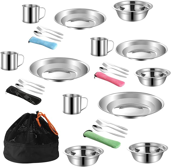 Outdoor Camping Mess Kit, Stainless Steel Tableware Mess Kit includes Plate Bowl Cup Spoon Fork Knife in Mesh Bags for Camping Backpacking & Hiking for 4 Person