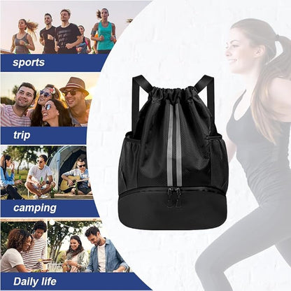 Drawstring Backpack, Waterproof Sports Backpack, Large Sports Gym Bag With Shoe Compartment and Water Bottle Mesh Pockets, for Sports Beach Holidays Swimming Travel (Black)