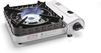 Portable Butane Camping Stove, Piezo Click Ignition, 15,000 BTU Output, Double Wind-Guard Portable Stove Burner for Emergency, Tailgating, Hiking, Backpacking, Camping Essentials by Chef Master #90019