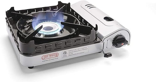 Portable Butane Camping Stove, Piezo Click Ignition, 15,000 BTU Output, Double Wind-Guard Portable Stove Burner for Emergency, Tailgating, Hiking, Backpacking, Camping Essentials by Chef Master #90019