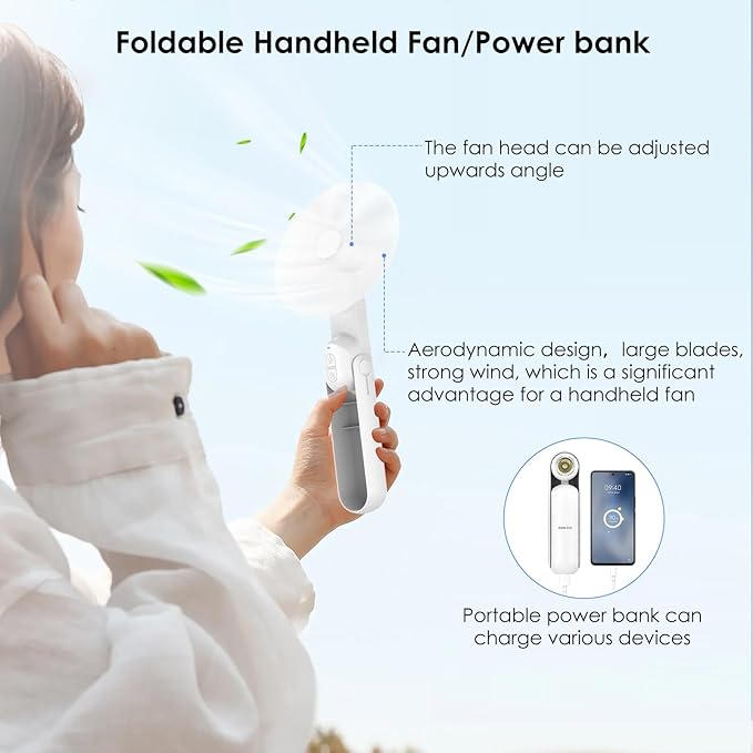 4 IN 1 Portable Handheld Fan,Personal Foldable Cooling Fan, Mini Pocket Fan,Desk Fan,Hand Fan,Flashlight,Power Bank,Table Lamp,Camping Travel Beach Fan, Birthday Gifts for Women Men(White)