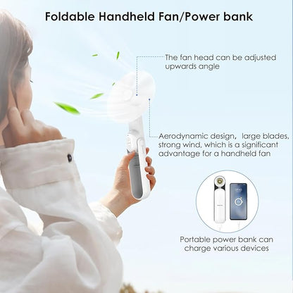 4 IN 1 Portable Handheld Fan,Personal Foldable Cooling Fan, Mini Pocket Fan,Desk Fan,Hand Fan,Flashlight,Power Bank,Table Lamp,Camping Travel Beach Fan, Birthday Gifts for Women Men(White)