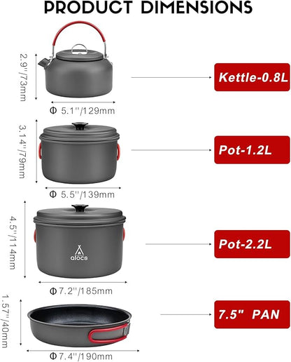 Alocs Camping Cookware Set,Durable Aluminum Camping Cooking Set, Compact Camping Pots and Pans Set with Kettle, Non-Stick Camping Pan Camping Essentials for Outdoor Cooking, Hiking, and Picnics.