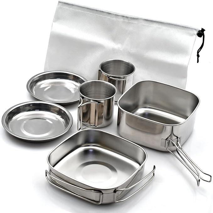 Backpacking Camping Cookware Mini Picnic Camping Cooking Mess Kit, Stainless Steel Pots Pan Plates Set for Hiking, Backpacking, Bushcraft and Picnic, Camping, Included Carry Bag