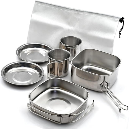 Backpacking Camping Cookware Mini Picnic Camping Cooking Mess Kit, Stainless Steel Pots Pan Plates Set for Hiking, Backpacking, Bushcraft and Picnic, Camping, Included Carry Bag