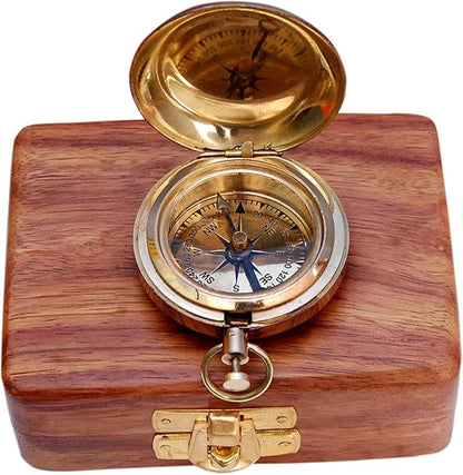 Brass Nautical Compass with Wooden Case - Antique Brass & Copper Sun Clock for Camping, Hiking, Touring - Engraved Gift for Him - Nautical Clock - Compass Gift