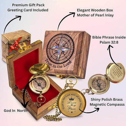 TVV-Christian Compass Gift for Him – Solid Brass Pocket Compass with Bible Verses – Baptism Gifts for Boys, Religious Compass Gift for Graduation, Confirmation – Includes Wooden Box & Greeting Card
