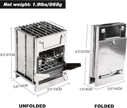 Wood Burning Camp Stove Camping Stove Folding Camp Mini Stove Rocket Stove Folding Stove Portable Backpacking Stainless Steel Light Folding Stove for Outdoor Tent Camping Picnic BBQ