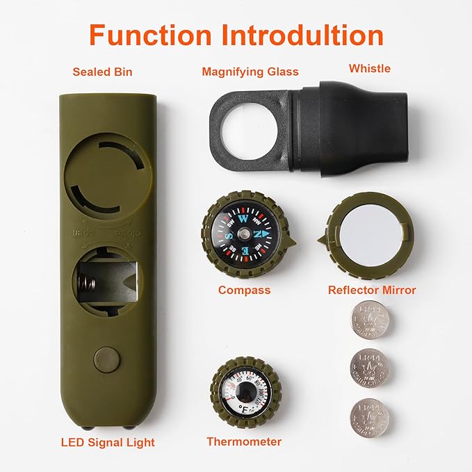 Viriber Whistle Emergency Camping Hiking Survival Whistle，Outdoor Multifunctional Tool with Lanyard,Compass,Thermometer,Ideal for Kayaking, Boating,Climbing