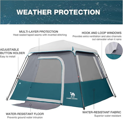 CAMEL CROWN Cabin Tent with 1-Minute Setup, 4/6 Person Instant Tent with Weatherproof Floor